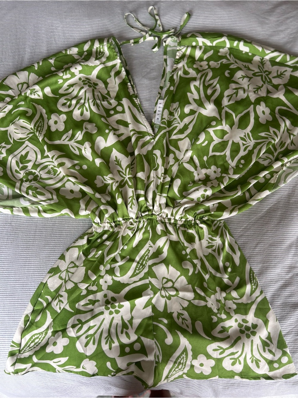 HYFVE Green and White Floral V-Neck Satin Romper